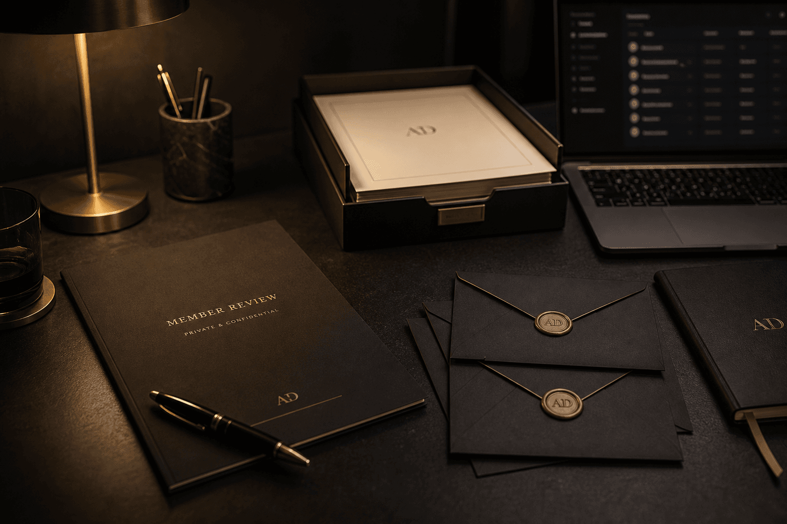 Private review desk with AffluDate application materials and member cards.